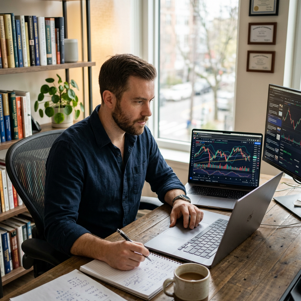 Man studying financial charts on laptop and monitor with notes and coffee