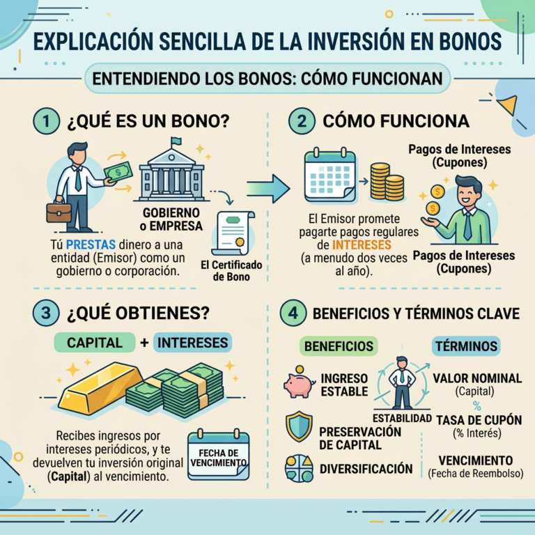 Diagram explaining bond investments including definition, how bonds work, returns, and key benefits and terms